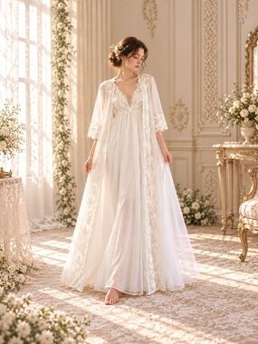 Vintage Shadowline Peignoir Set S Ivory Lace Nightgown Robe Bridal 70s